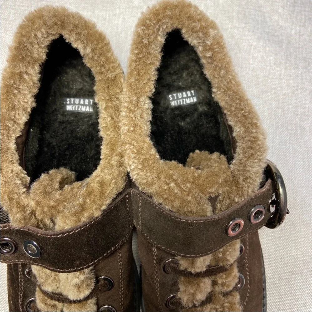 Stuart Weitzman Brown Suede Shearling-Lined Shoe with buckle closure & lug sole - Picture 3 of 12